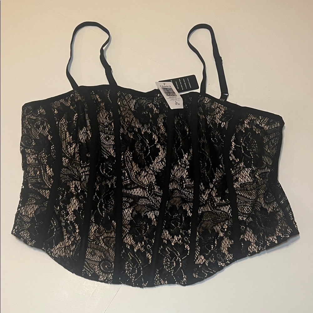 Torrid Black Lace Corset Bustier Top Boned Sheer Lace Y2K Going Out Top Sz 2X